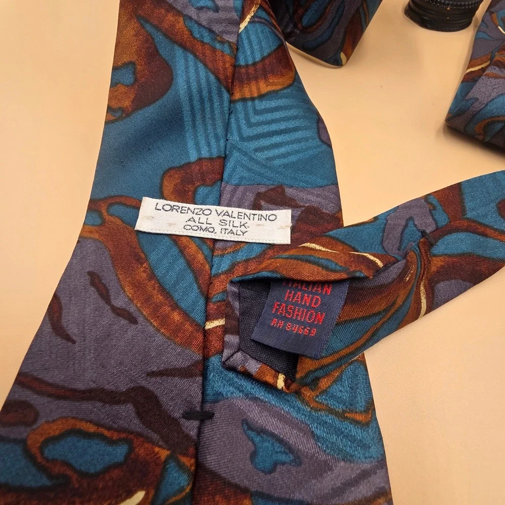 Lorenzo Valentino Mens Silk Tie Abstract Swirl Teal Brown Purple Made in Italy